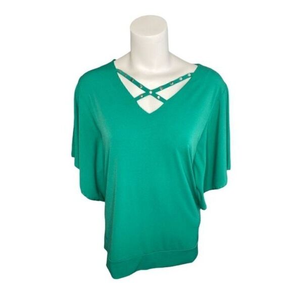 JM COLLECTION Green Flutter Sleeve Studded Neckline Stretch Knit Size Large - Picture 1 of 7